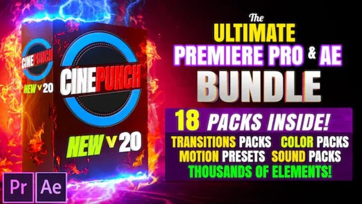 CINEPUNCH BUNDLE v20 – Transitions I Color LUTs I SFX – 18 PACKS – 9999+ Assets